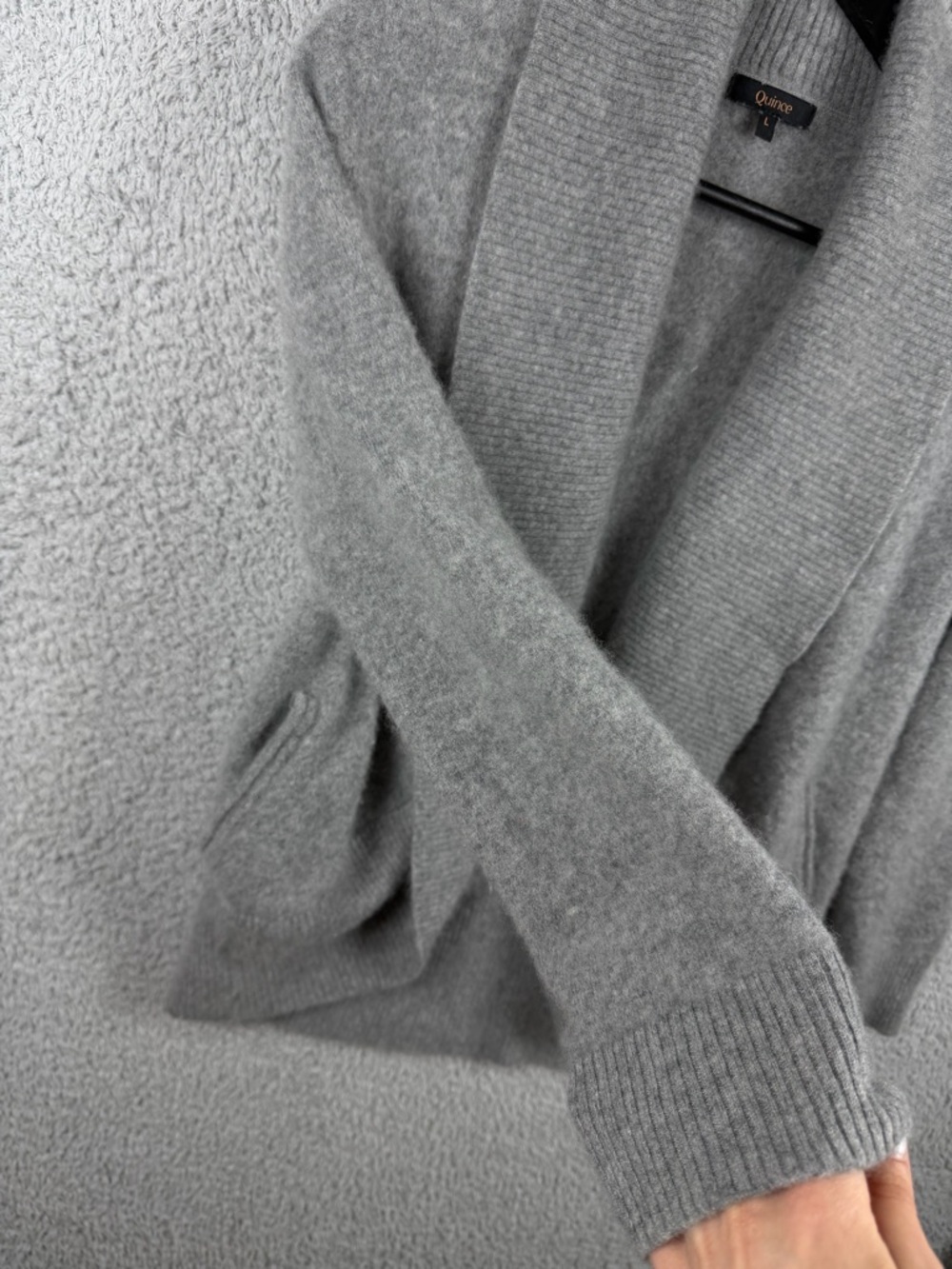 Quince Cashmere Open-Front Shawl Collar Sweater Cardigan w Pockets- Light Gray - Picture 3 of 9